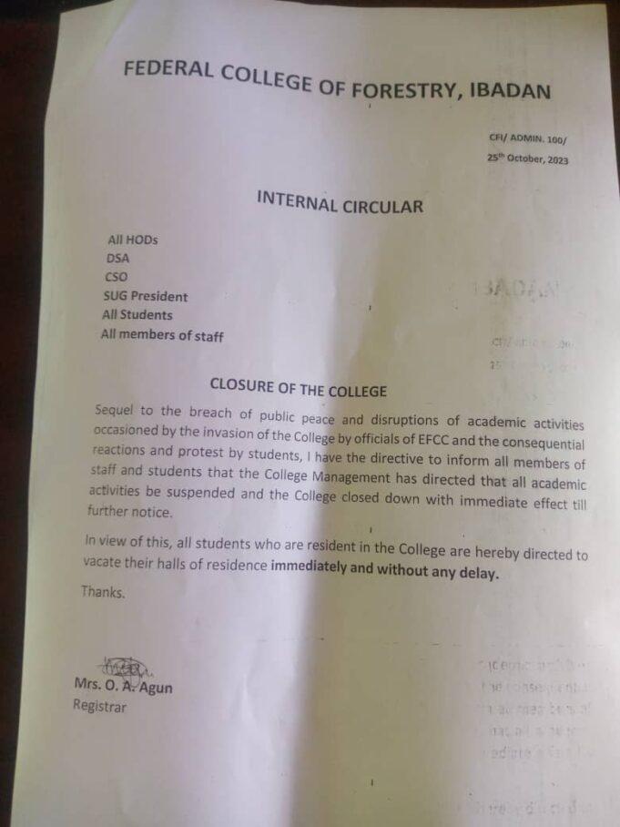 EFCC invasion: Mgt shut Federal College of Forestry, Ibadan