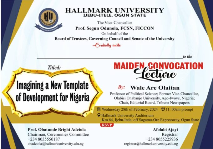 Ex-OOU VC, Wale Are Olaitan to deliver Hallmark University’s maiden convocation lecture