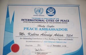 Osun APC chieftain Kabiru Adisa become international Peace Ambassador