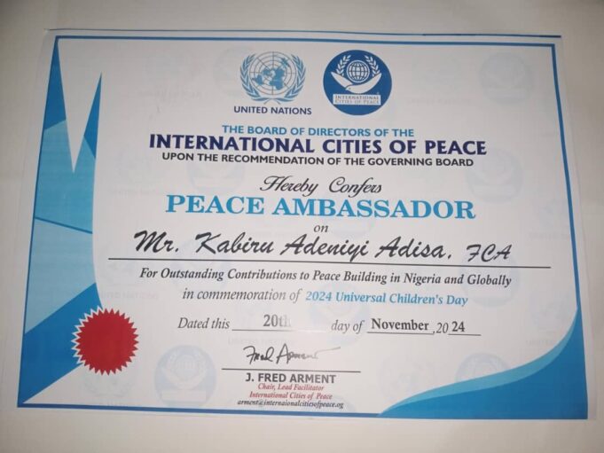 Osun APC chieftain Kabiru Adisa become international Peace Ambassador