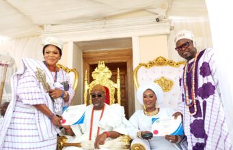 Ooni, Olubadan honors Ibadan based philanthropist, Adeshina, wife at Chieftaincy installation