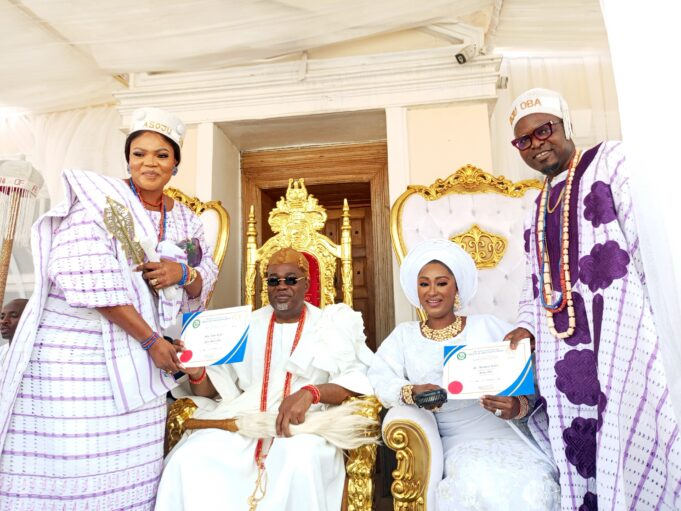 Ooni, Olubadan honors Ibadan based philanthropist, Adeshina, wife at Chieftaincy installation